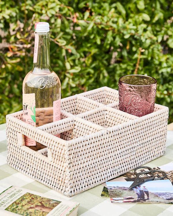 Dibor White Rattan Six Compartment Storage Caddy