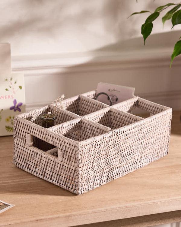 Dibor White Rattan Six Compartment Storage Caddy
