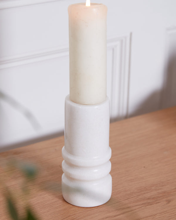 Dibor White Ribbed Marble Single Candle Holder