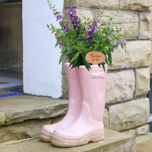 Dibor Large Pink Welly Boot Planter With Personalised Marker
