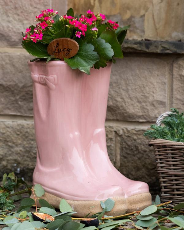 dibor Large Pink Welly Boot Planter with Personalised Marker