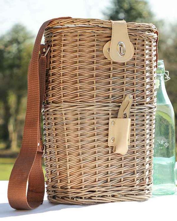 Dibor Wicker Two Bottle Carrier With Canvas Carry Strap