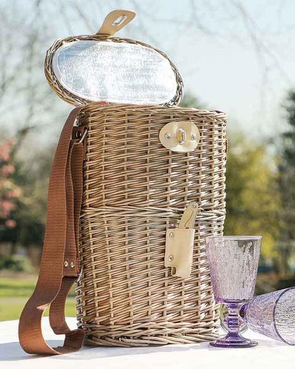 dibor Wicker Two Bottle Carrier with Canvas Carry Strap