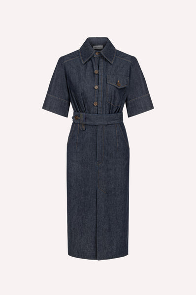 dice kayek Belted Chambray Midi Shirt Dress INDIGO