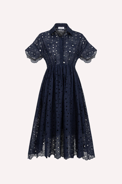 dice kayek Embroidered Cotton Midi Dress Navy