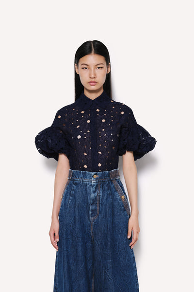 Dice Kayek Embroidered Cotton Poplin Blouse Navy