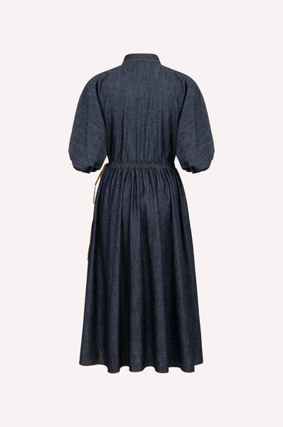Dice Kayek Puff-Sleeve Chambray Midi Dress INDIGO