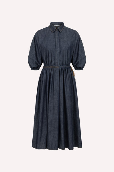 dice kayek Puff-Sleeve Chambray Midi Dress INDIGO
