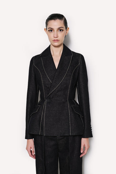 Dice Kayek Hourglass Denim Blazer With Contrast Stitching Navy