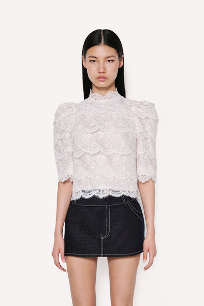 dice kayek Lace Puff Sleeve High-Neck Shirt OFF WHITE