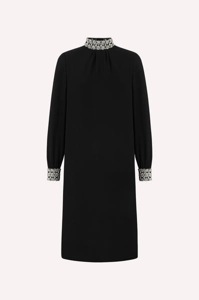 dice kayek Long-Sleeve Silk Dress with Embellished High Neck BLACK