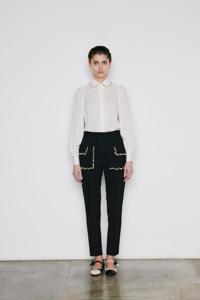 Dice Kayek Pearl Beaded Collar Silk Shirt OFF WHITE