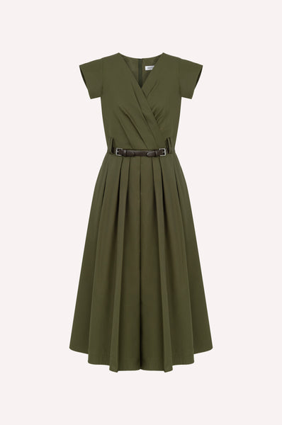dice kayek Structured V-Neck Dress with Double Buckle Belt KHAKI