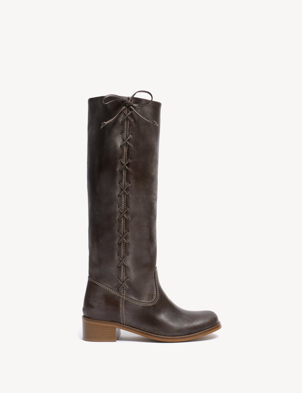 dico copenhagen Ann Gaucho Boot With Laces In Dark Brown Escovado Leather