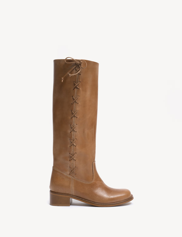 dico copenhagen Ann Gaucho Boot With Laces In Dark Tan Escovado Leather