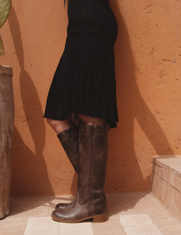 Dico Copenhagen Ann Gaucho Boot With Western Stitchings In Dark Brown Escovado Leather