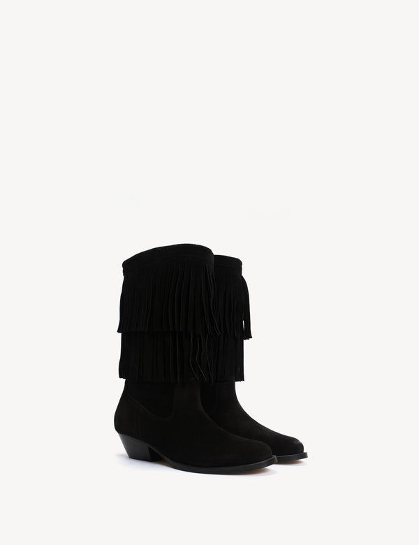Dico Copenhagen Celina Fringes Boot In Black Calf Suede