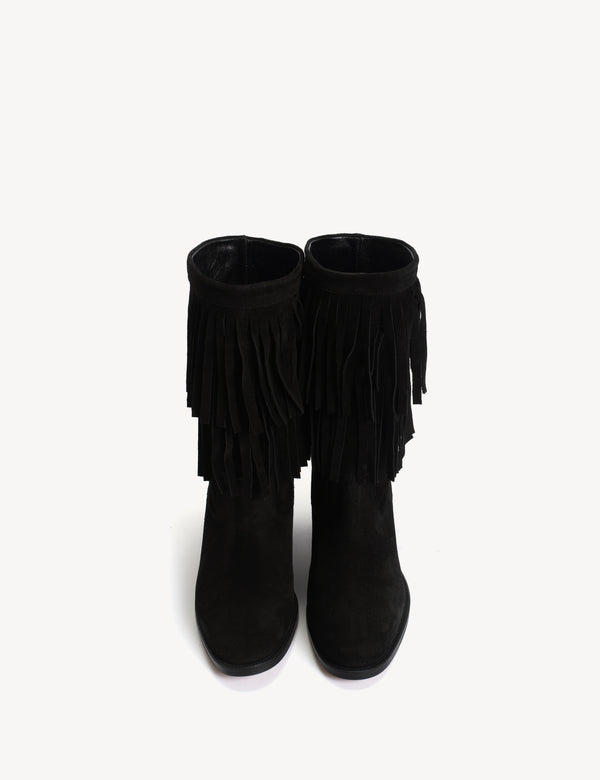 Dico Copenhagen Celina Fringes Boot In Black Calf Suede