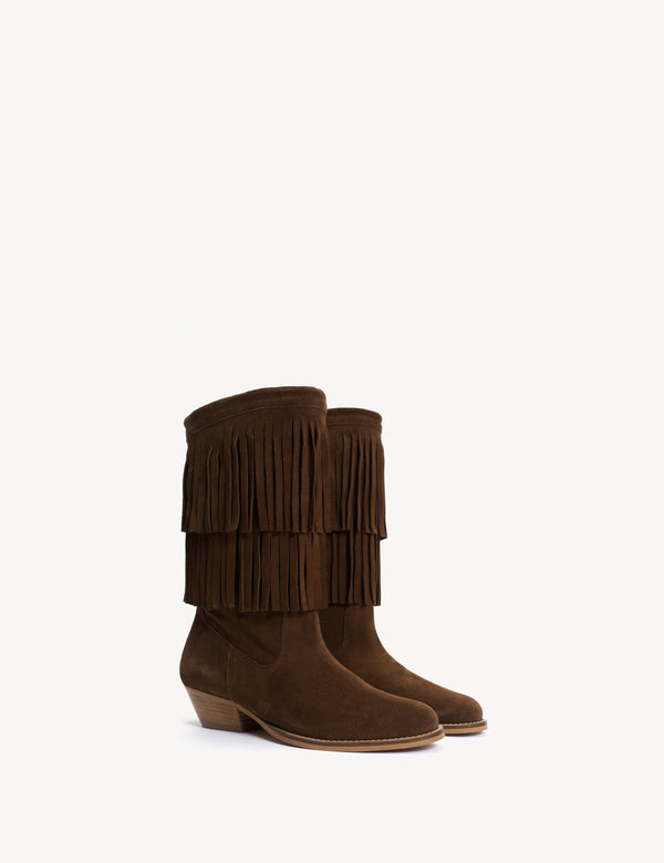 Dico Copenhagen Celina Fringes Boot In Dark Brown Calf Suede