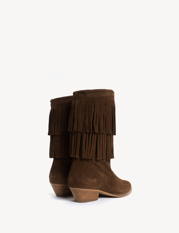 Dico Copenhagen Celina Fringes Boot In Dark Brown Calf Suede