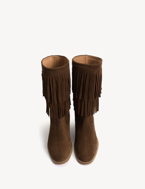 Dico Copenhagen Celina Fringes Boot In Dark Brown Calf Suede