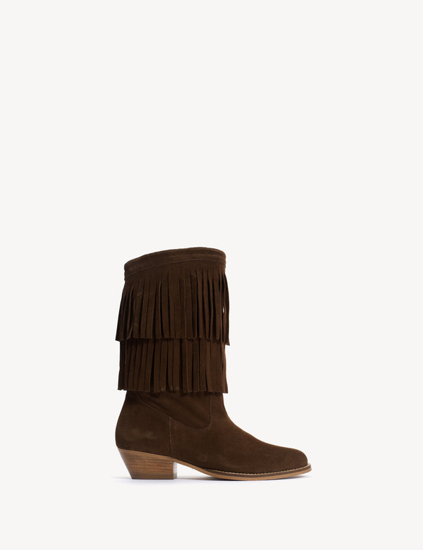 dico copenhagen Celina Fringes Boot In Dark Brown Calf Suede