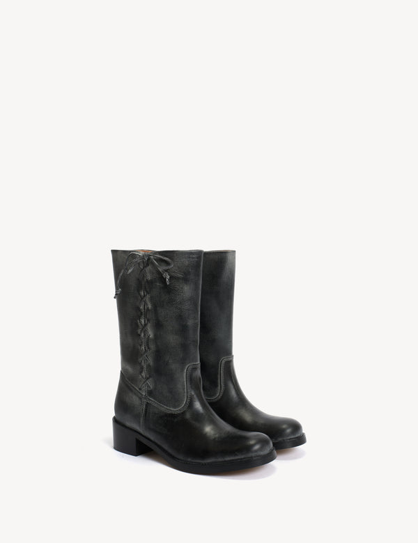Dico Copenhagen Julia Gaucho Boot With Laces In Black Escovado Leather