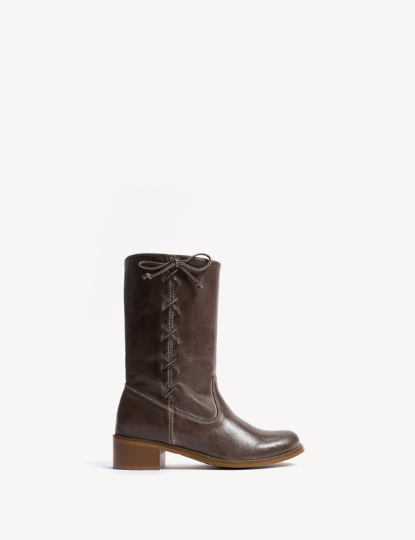 dico copenhagen Julia Gaucho Boot With Laces In Dark Brown Escovado Leather