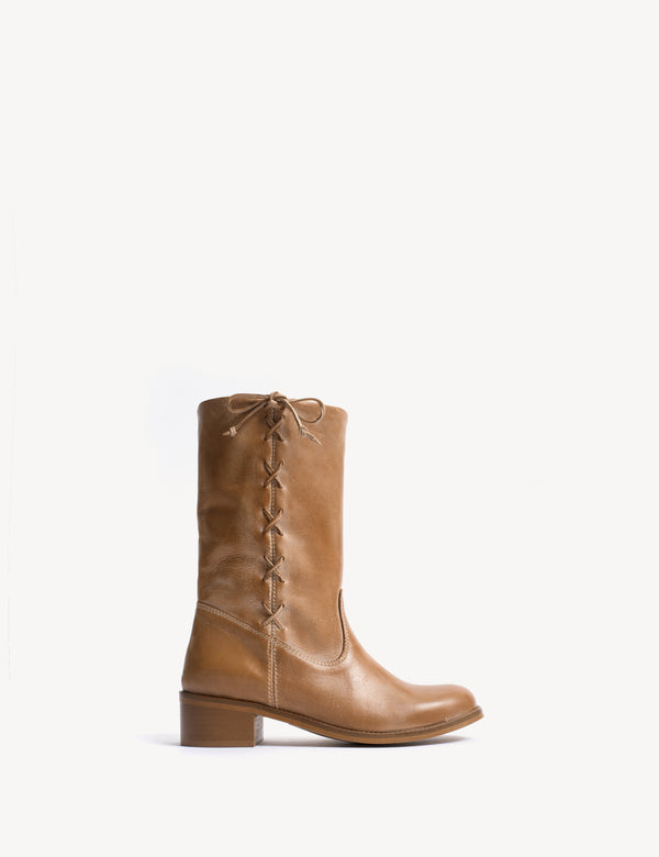 dico copenhagen Julia Gaucho Boot With Laces In Dark Tan Escovado Leather