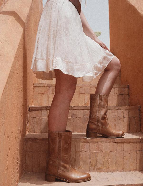 Dico Copenhagen Julia Gaucho Boot With Western Stitchings In Dark Tan Escovado Leather