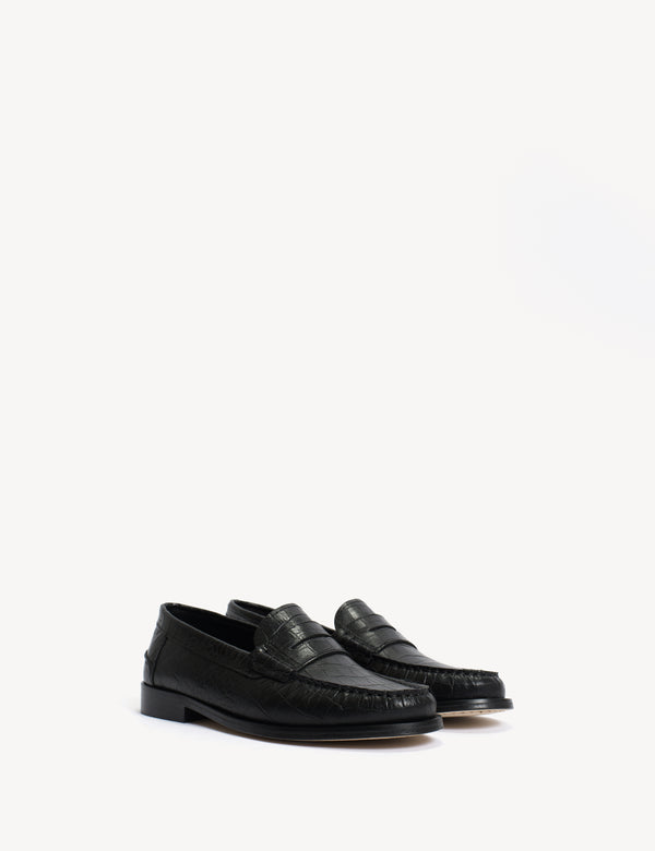 Dico Copenhagen Moccasin Penny Loafer In Black Crocodile Stamped Calfskin