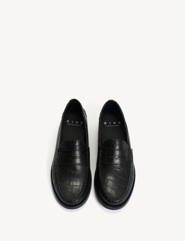Dico Copenhagen Moccasin Penny Loafer In Black Crocodile Stamped Calfskin