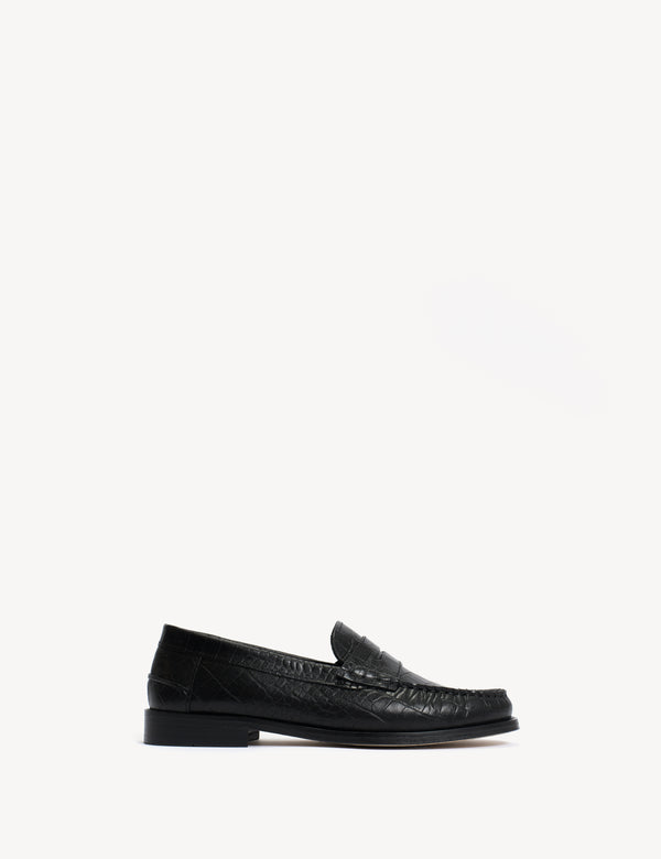 dico copenhagen Moccasin Penny Loafer In Black Crocodile Stamped Calfskin