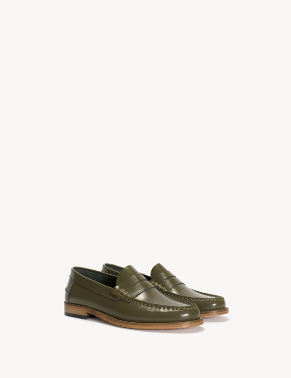Dico Copenhagen Moccasin Penny Loafer In Olive Polido Leather