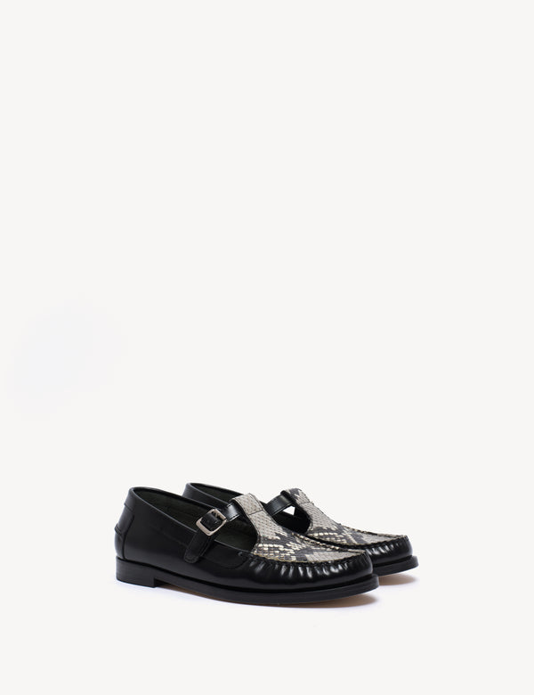 Dico Copenhagen Moccasin T-Bar Loafer In Black Polido Leather And Python Skin