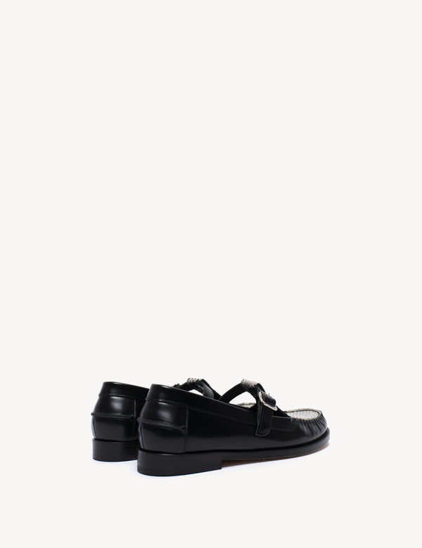 Dico Copenhagen Moccasin T-Bar Loafer In Black Polido Leather And Python Skin