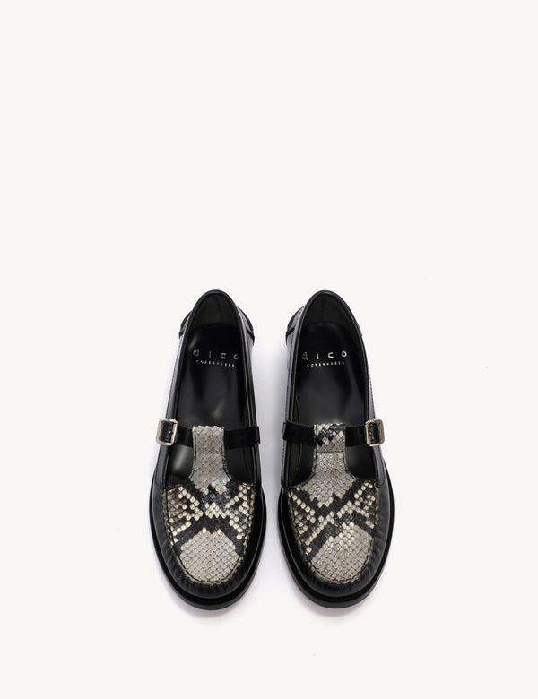 Dico Copenhagen Moccasin T-Bar Loafer In Black Polido Leather And Python Skin