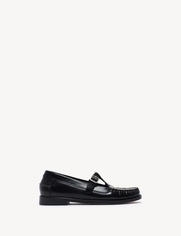 dico copenhagen Moccasin T-Bar Loafer In Black Polido Leather And Python Skin
