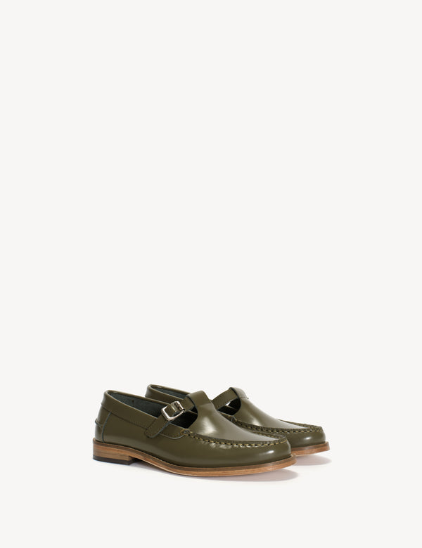 Dico Copenhagen Moccasin T-Bar Loafer In Olive Polido Leather