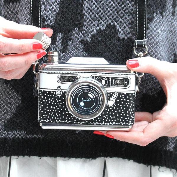 disaster designs Black And White Camera Hip Flask