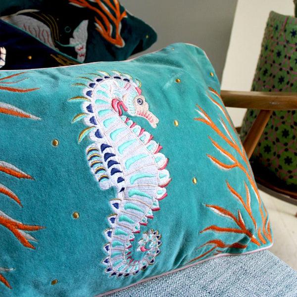 Disaster Designs Coral Velvet Seahorse Cushion
