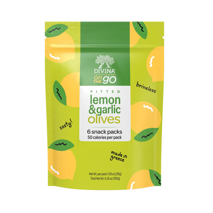 Divina On The Go Pitted Lemon & Garlic Olives (6 Pack)