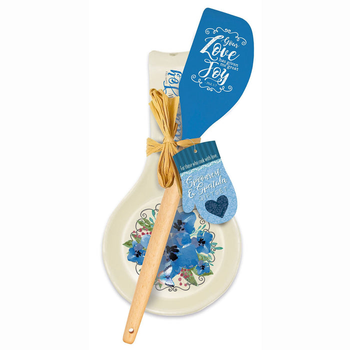 divinity boutique Blue Floral Spoon Rest & Spatula Gift Set - Philemon 1:7 "Great Joy"