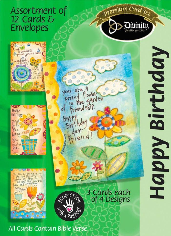 divinity boutique Boxed Birthday Cards - Happy Birthday Flowers - Set of 12