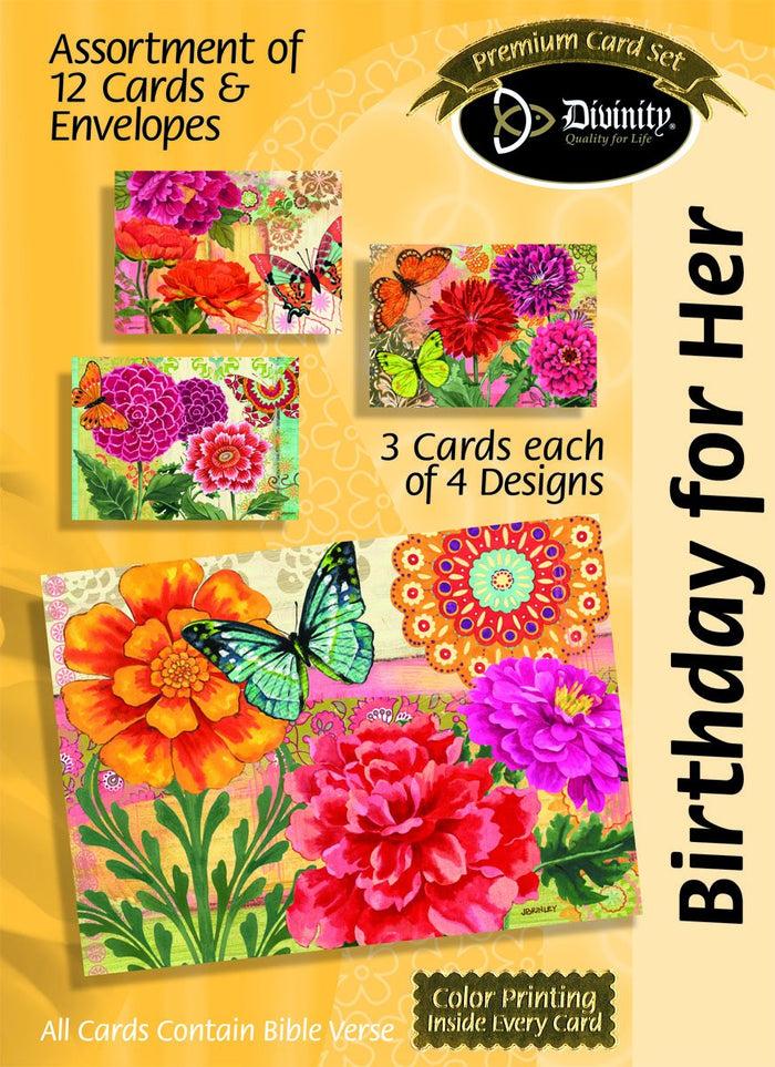 divinity boutique Boxed Cards: Birthday For Her Butterfly Blooms Scripture - KJV
