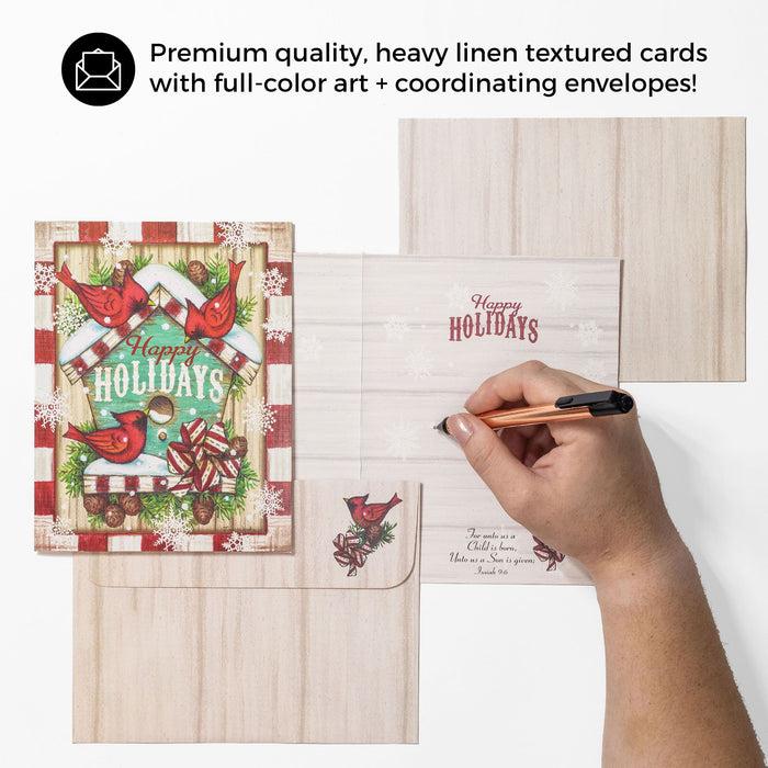 Divinity Boutique Boxed Christmas Cards: Happy Holidays Cardinals Birdhouse - Set Of 18