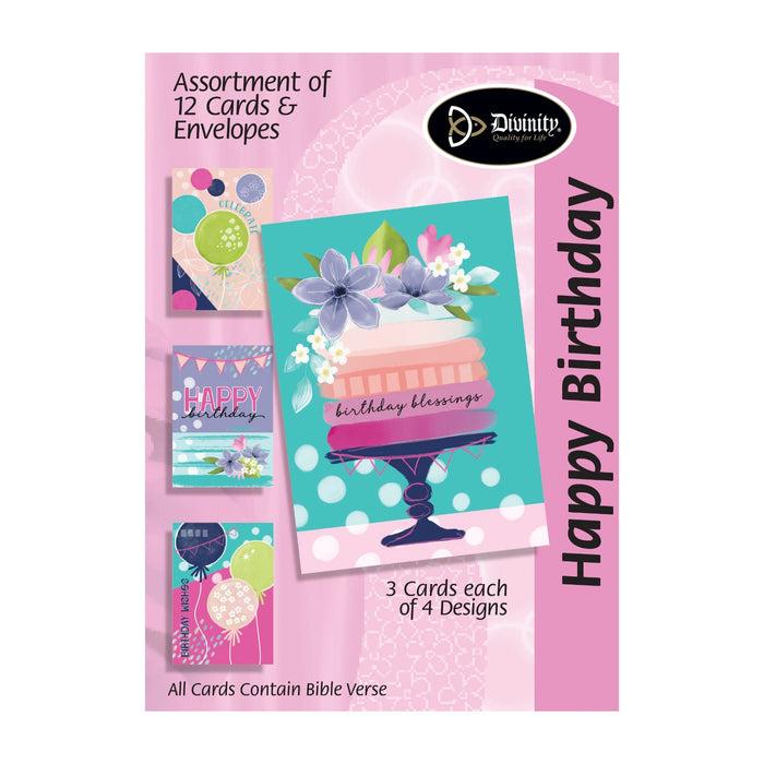 divinity boutique Boxed Greeting Cards: 12CT Happy Birthday Floral Balloons and Cakes