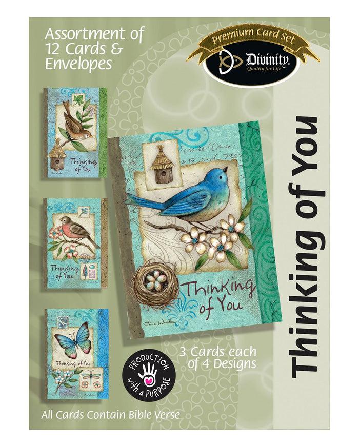 divinity boutique Boxed Greeting Cards - Thinking Of You Blue Birds - Set of 12