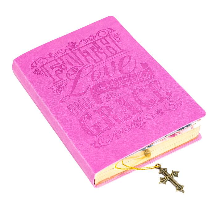 divinity boutique Dangle Journal : Leather Wrapped Pink Amazing Grace Cross Charm