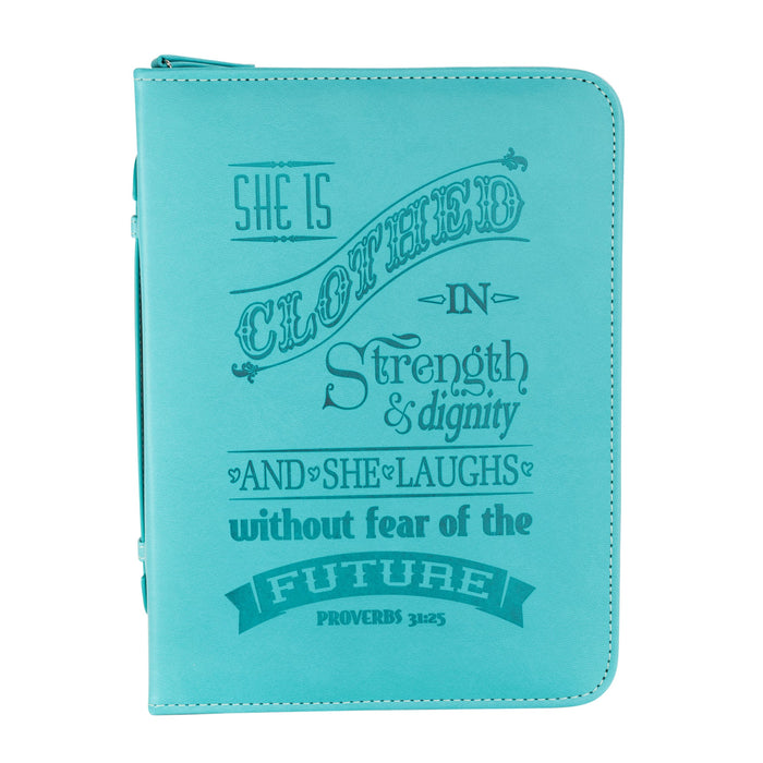 Divinity Boutique Divine Details: Bible Cover - Teal She Is Clothed In Strength - Proverbs 31:25